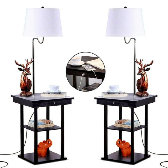 Brightech Madison Side Table with Lamp Set of 2 - LED Desk Lamp with USB Port, Bedside Reading Lamp, Modern End Table with Floor Lamp for Bedroom, Living Room, Office - Black with White Shade