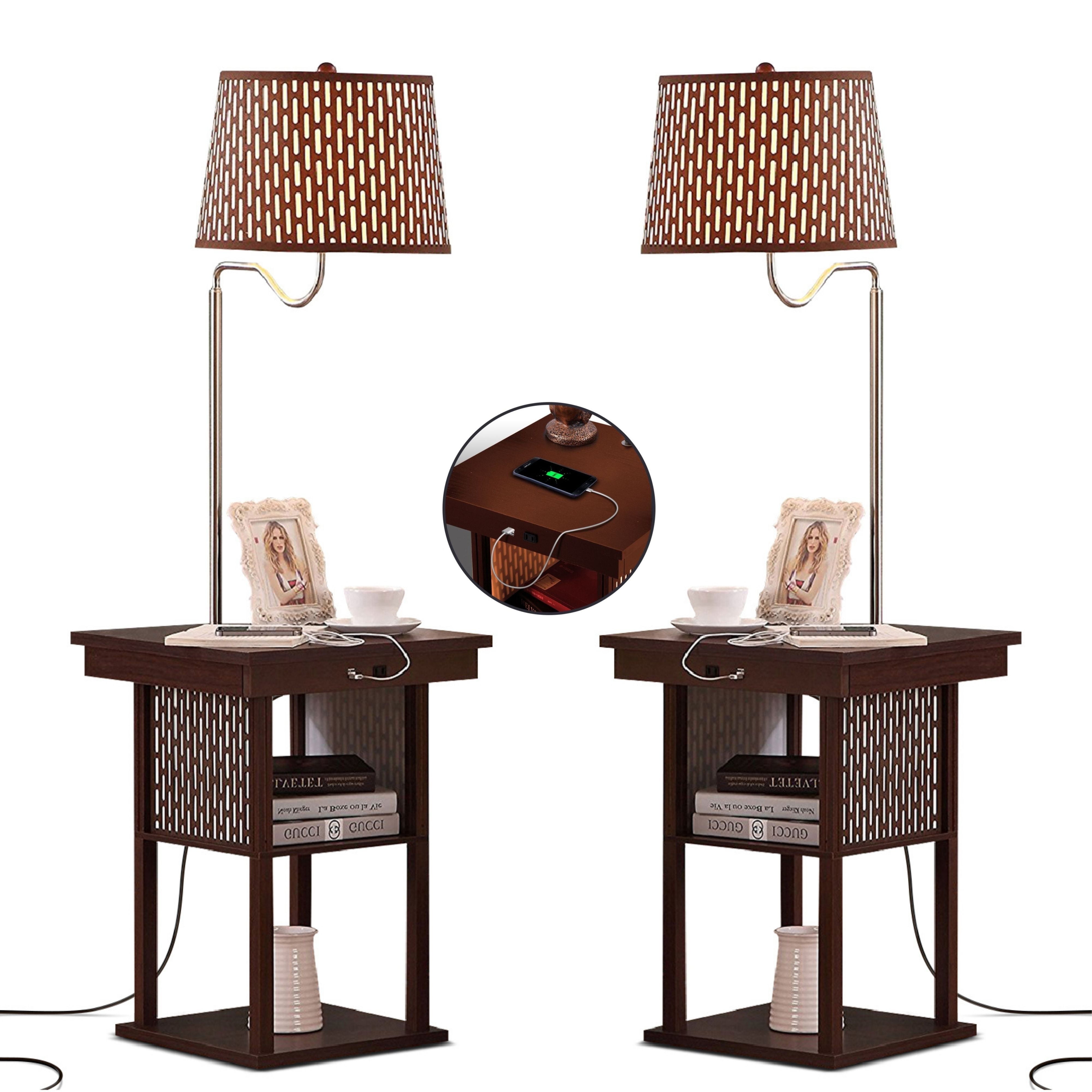 Brightech Madison Side Table with Lamp Set of 2 - LED Desk Lamp with USB Port, Bedside Reading Lamp, Modern End Table with Floor Lamp for Bedroom, Living Room, Office - Havana Brown