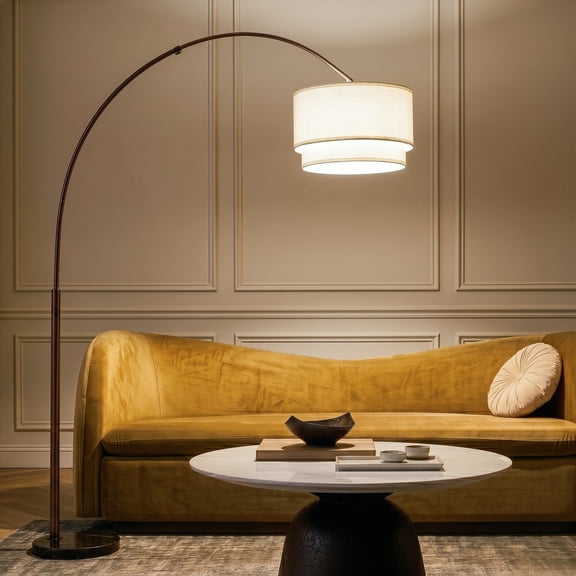 Brightech Mason 81" Bronze Modern 1-Light Adjustable Arm Extendable LED Marble Base Floor Lamp with 2-Tiered Beige Fabric Shade