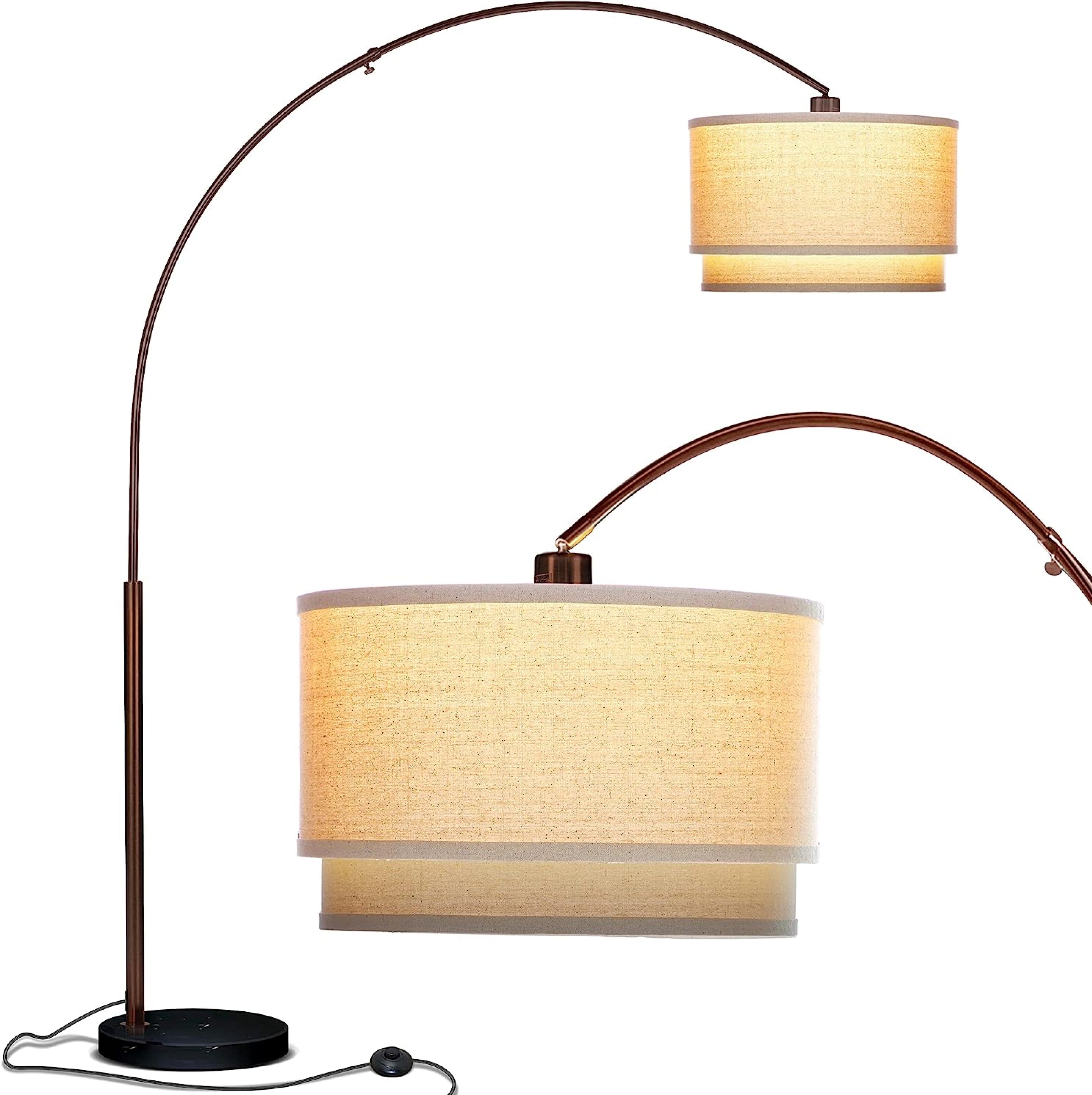 Brightech Mason 81" Bronze Modern 1-Light Adjustable Arm Extendable LED Marble Base Floor Lamp with 2-Tiered Beige Fabric Shade