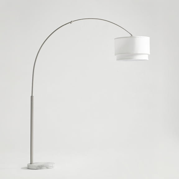 Brightech Mason 81" Modern Extendable Arm LED Floor Lamp with 2-Tiered White Fabric Shade and Marble Base - Nickel