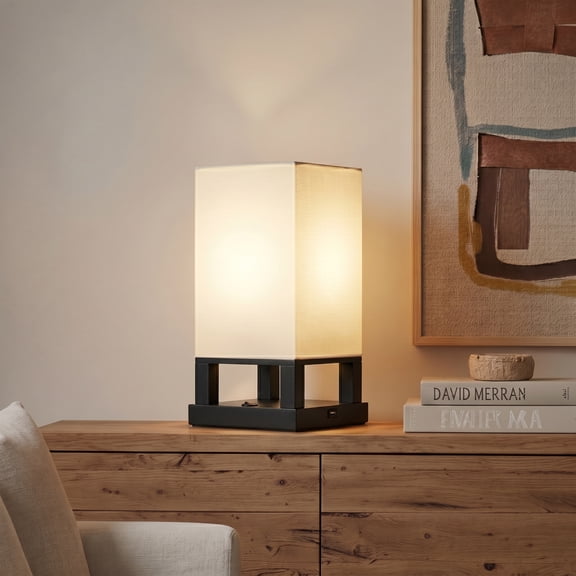 Brightech Maxwell Bedside Lamp Set with USB Port Compact Table Lamp for Bedroom, Living Room - Modern Asian Nightstand Lamp with Wood Frame - LED Bulb, Soft Light - Black