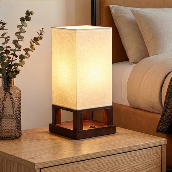 Brightech Maxwell Bedside Lamp Set with USB Port Compact Table Lamp for Bedroom, Living Room - Modern Asian Nightstand Lamp with Wood Frame - LED Bulb, Soft Light - Brown