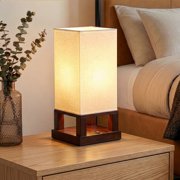 Brightech Maxwell Bedside Lamp Set with USB Port   Compact Table Lamp for Bedroom, Living Room - Modern Asian Nightstand Lamp with Wood Frame - LED Bulb, Soft Light - Brown