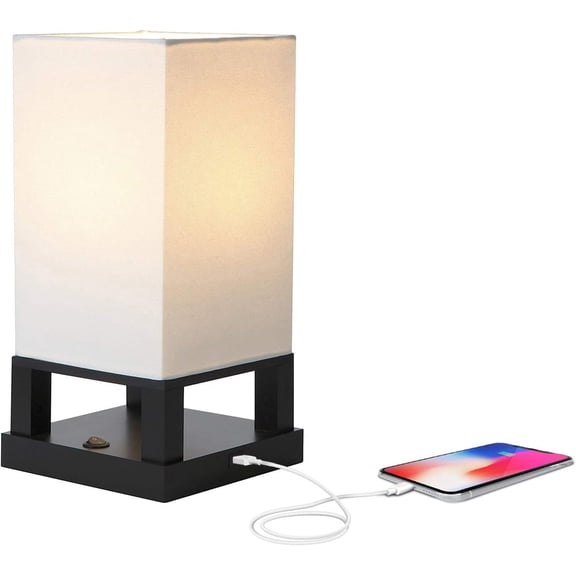 Brightech Maxwell Bedside Lamp with USB Port Compact Table for Bedroom, Living Room - Modern Asian Nightstand Wood Frame LED Bulb, Soft Light Black