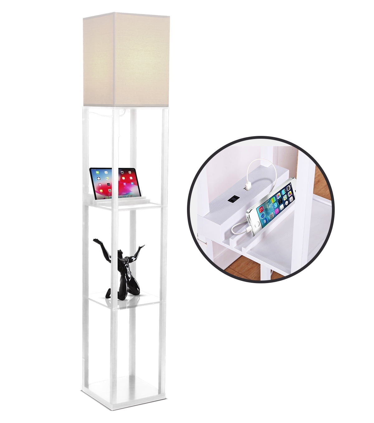 Brightech Maxwell Charger - Modern Shelf Floor Lamp with USB Charging Ports & Electric Outlet - Corner Display Floor Lamps with Shelves for Living Room, Bedroom and Office - White
