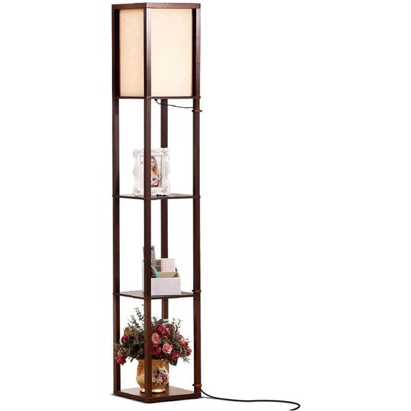Brightech Maxwell Standing Tower Floor Lamp w/ Shelves & LED Bulb, Havana Brown