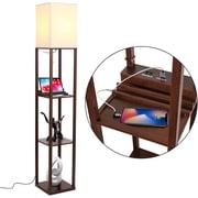 Brightech Maxwell Standing Tower Wood Floor Lamp with Shelves and USB Port - Havana Brown