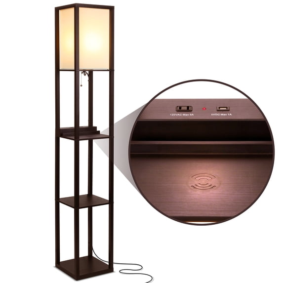 Brightech Maxwell Tower Floor Lamp w/ Shelves & Wireless Charging, Havana Brown