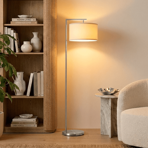 Brightech Montage Modern 60 in. Brushed Nickel Modern LED Super Bright Arc Floor Lamp with White Fabric Drum Shade