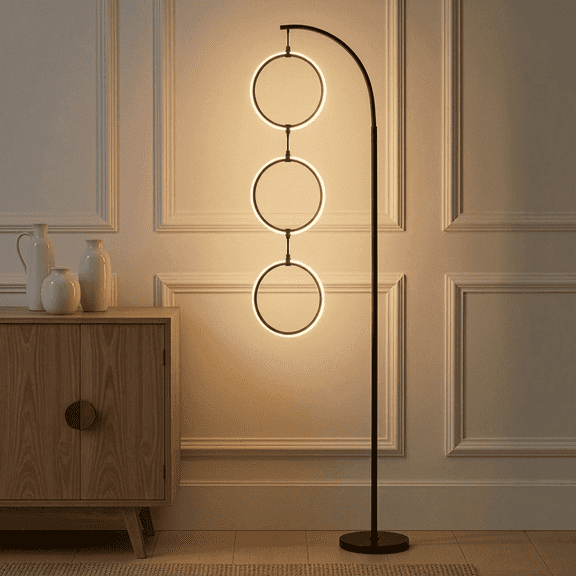 Brightech 3 Ring Lamp 74" Dimmable LED Floor Lamp, Modern Arching Pole Pendant, Black