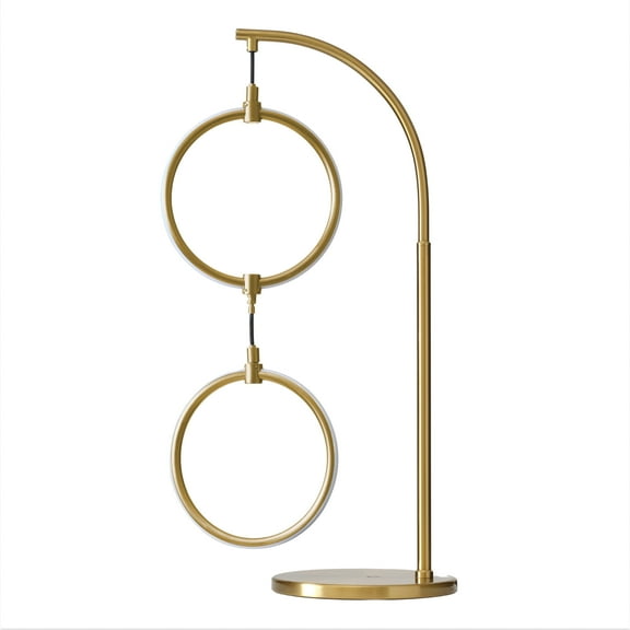 Brightech Nova Modern Table Lamp - Contemporary Arc Desk Lamp with 2-Circle Ring-Style Pendant - Alexa Compatible Nightstand Beside The Couch Lamp with Arching Pole Matches Living Room Décor - Brass