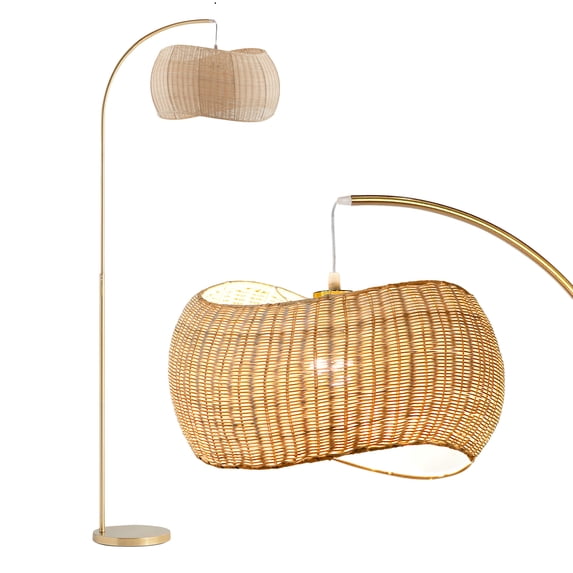 Brightech Wave Arched Floor Lamp – Unique Hanging Wicker Shade for Living Rooms – Rattan Style Matches Boho and Other Décor – Arcs Over Sofas and Dining Tables for Compliments - Brass