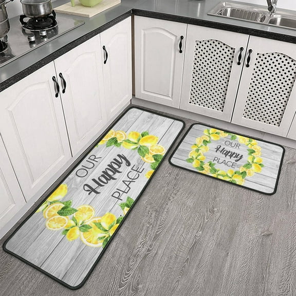 Brighten Your Kitchen with Lemon: Set Of 2 Lemon Kitchen Mats, Crystal Velvet with Black Edge, 47x17in and 17x30in, Non-Slip Farmhouse Lemon Theme Floor Mats
