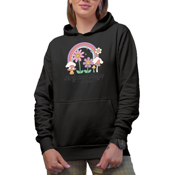 Brighter Days Ahead Quote, 90s Retro Rainbow, Flowers & Mushrooms Art Merch Gift, Black Hooded Sweatshirt or Hoodie, Small