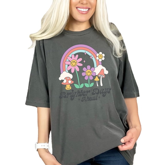Brighter Days Ahead Quote, 90s Retro Rainbow, Flowers & Mushrooms Art, Pepper Comfort Colors T-Shirt, XL