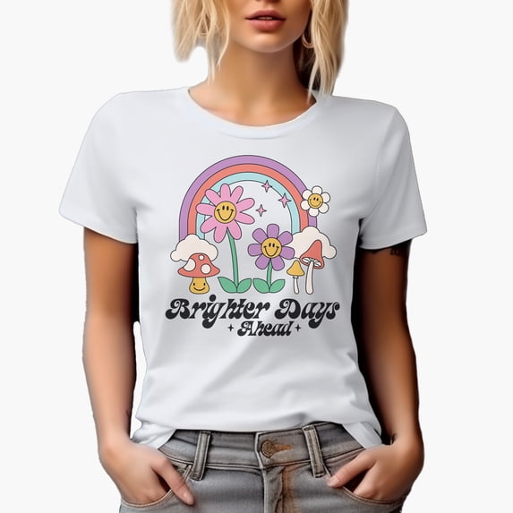 Brighter Days Ahead Quote with 90s Retro Rainbow, Flowers & Mushrooms Art Merch Gift, White T-Shirt, Small