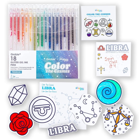 A Brighter Year Large Color The Cosmos Libra Bundle - Adult Mini Coloring Book (3" x 3" - 50 Pages), Post It Notes (50-3 x 3), Stickers, & Gel Pens - Stress Relief, Mindfulness, Gift, Travel