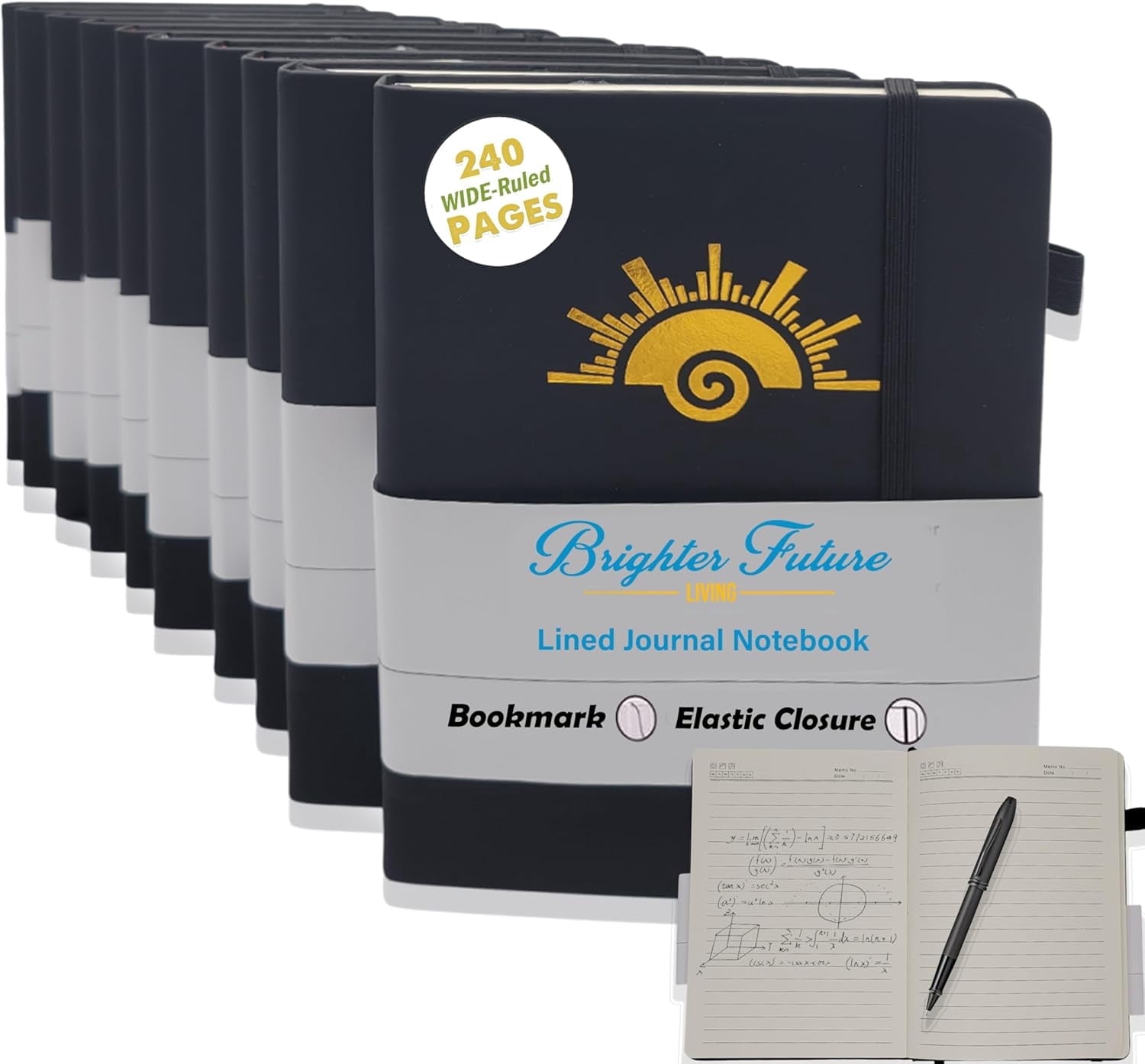 BrighterFutureLiving A5 Lined Journal Notebook – 240 Ruled Pages, Faux Leather Hardcover | Writing Journals for Business, School, Travel | Gift for All Occasions – 10-Pack (Black)