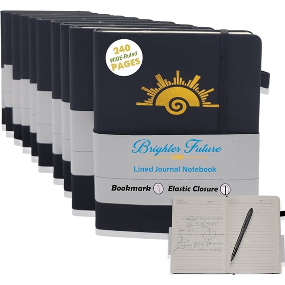 BrighterFutureLiving A5 Lined Journal Notebook – 240 Ruled Pages, Faux Leather Hardcover | Writing Journals for Business, School, Travel | Gift for All Occasions – 10-Pack (Black)