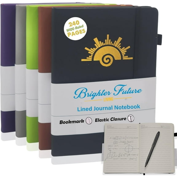 BrighterFutureLiving A5 Lined Journal Notebook – Faux Leather Hardcover, 240 Pages | Ruled Writing Journals for Work, School, or Travel | Gift for Women & Men – 5-Pack (Assorted Colors)