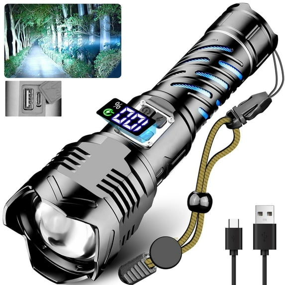 Brightest Flashlights High Lumens Rechargeable, 500000 Lumens 50W Super Bright LED Flashlights USB with 5 Modes, High Power Flashlight Handheld Flash Light for Emergencies Camping