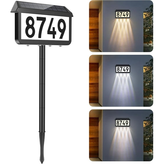 Brightever Solar Address Signs, House Number for Outside Waterproof, 3-Color LED Illuminated Address Plaques with Stake, Wall Mounted Solar Powered Light Up Address Numbers for Houses, 1-Pack