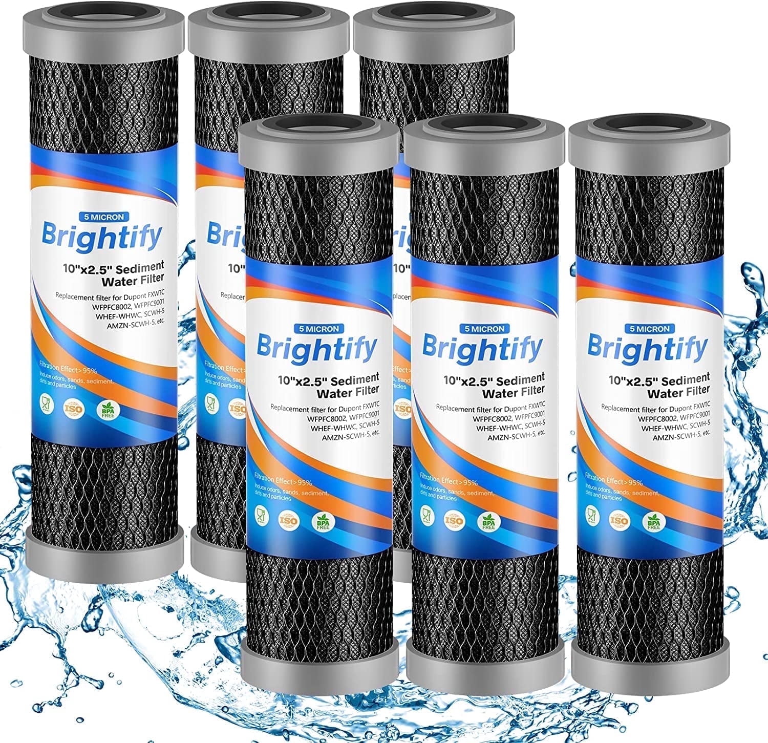 Brightify 5 Micron Whole House Water Filter Cartridges ,6 Pack Sediment Water Filter Replacement