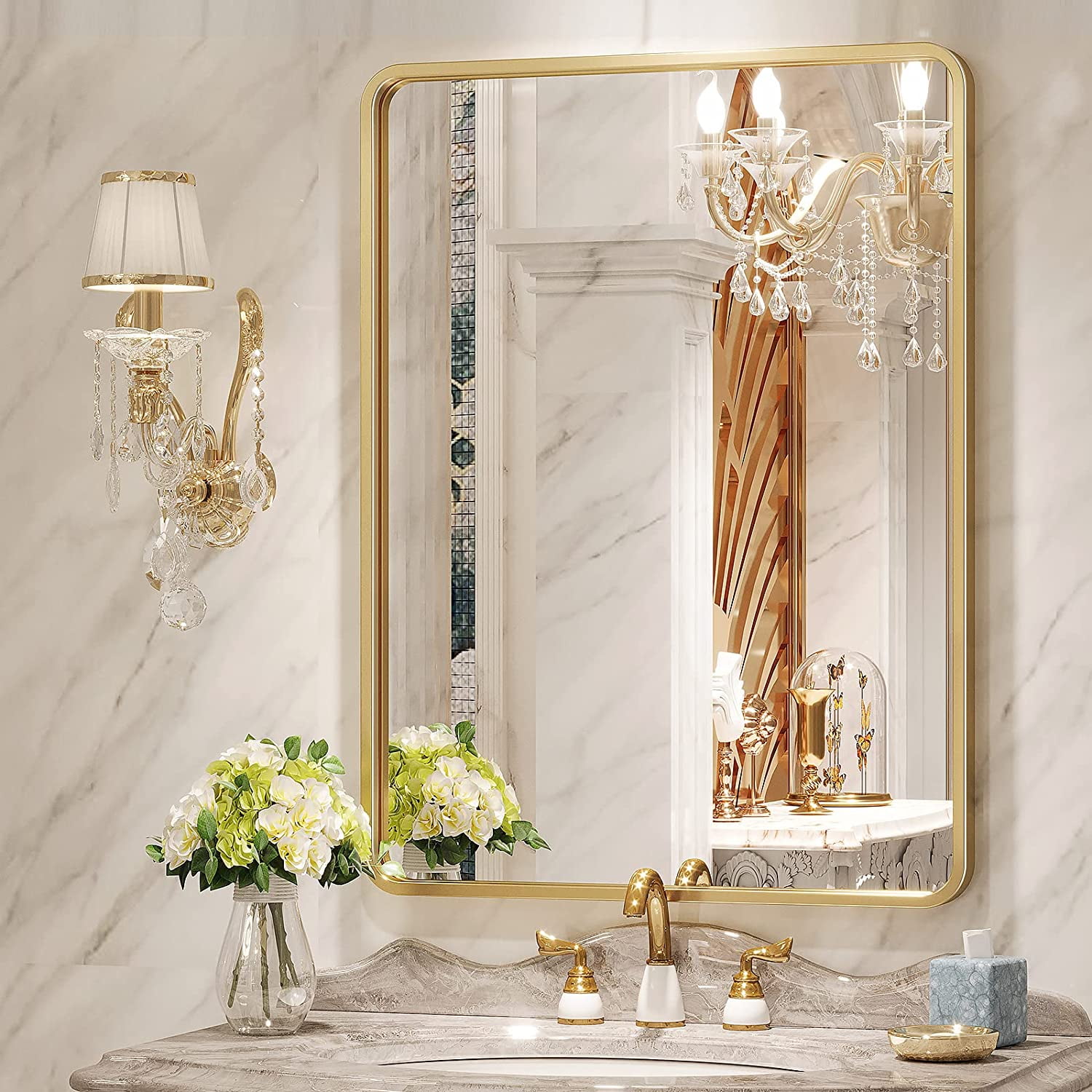 Brightify 22x30 Inch Gold Frame Bathroom Wall Mirror, Modern Rectangle