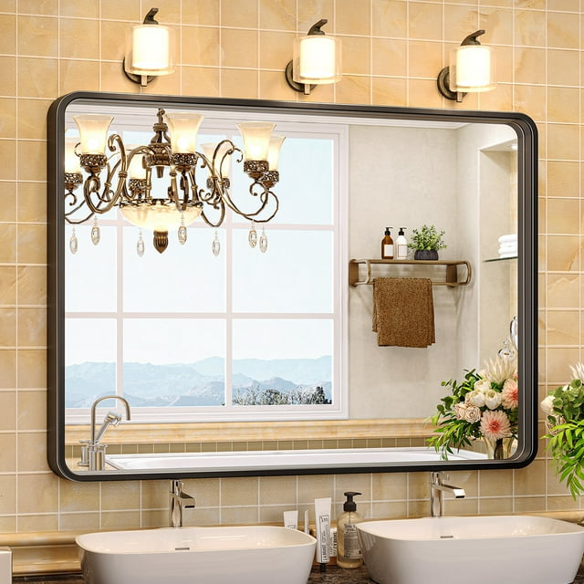 Brightify 30x40 Inch Black Bathroom Wall Mirror, Modern Rectangle