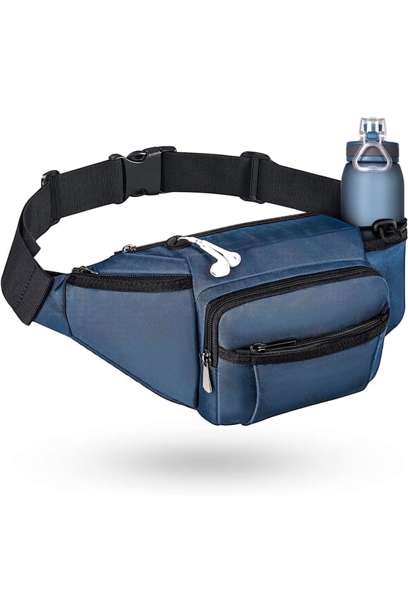 Crossbody Fanny Pack for Men Women, Large Waist Bag with Water Bottle Holder, Hip Pack Bum Bag for Running Traveling Hiking Cycling Dog Walking, Adjustable Belt Strap, Blue