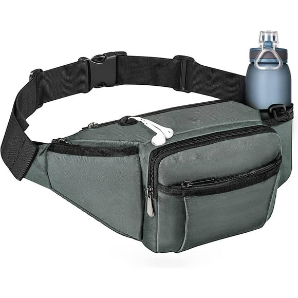 Fanny Pack, Crossbody Waist Bag with Water Bottle Holder for Men Women, Hip Pack Bum Bag for Running Traveling Hiking Cycling Dog Walking, Adjustable Belt Strap, Grey