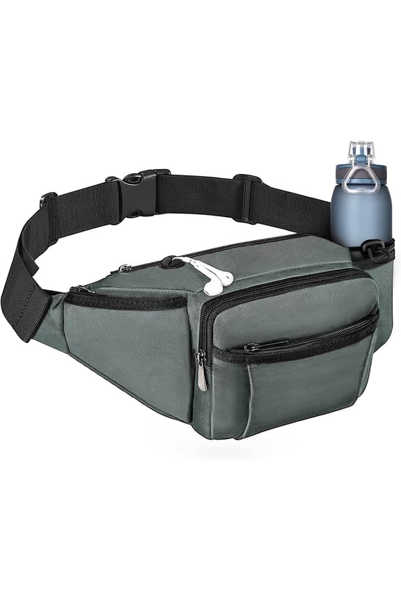 Fanny Pack, Crossbody Waist Bag with Water Bottle Holder for Men Women, Hip Pack Bum Bag for Running Traveling Hiking Cycling Dog Walking, Adjustable Belt Strap, Grey