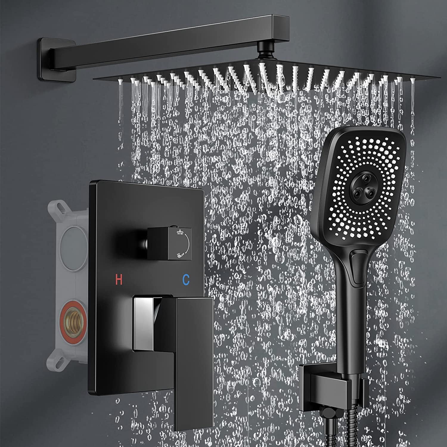 Brightify Shower Faucets Set, 10'' High-Pressure Rainfall Shower Mixer Combo Set with 100% Brass Valve & Pressure Balance Valve, Luxury Bathroom Shower Head System Set 3 Mode Setting, Black