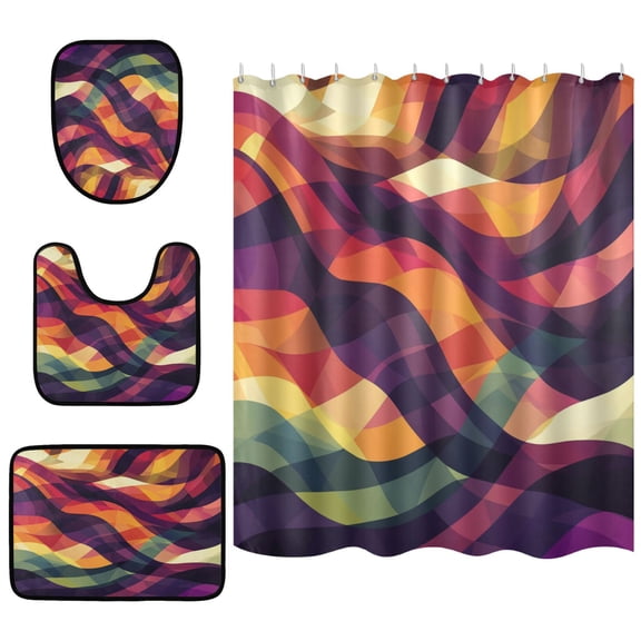 Brightly Colored Abstract Pattern Bathroom Accessory Curtain Sets Bath Curtain Anti-Slip Mats and Toilet Pad 66x72in