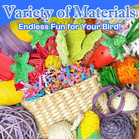 Brightly Colored Bird Foraging Toy Box - Safe Fruit & Veggie Inspired Chews for Parakeets & Small to Medium Birds