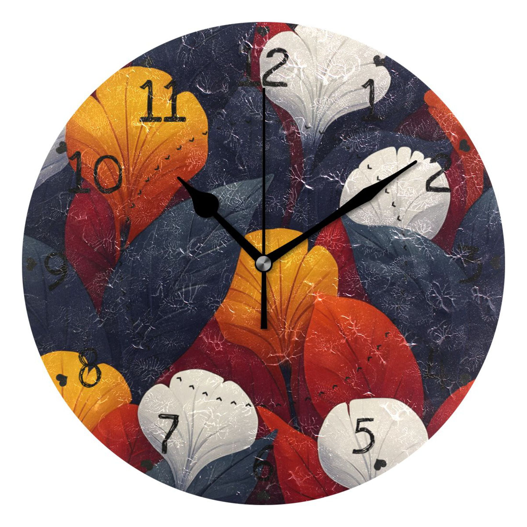 Brightly Colored Leaves Round Wall Clock Silent Battery Operated Home ...