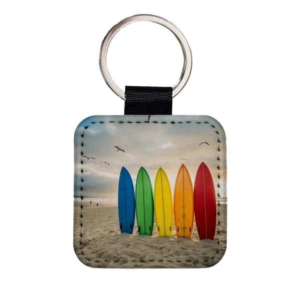 Brightly Colored Surfboards In The Sand Beach Ocean Faux Leather Square Keychain