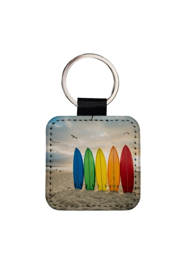 Brightly Colored Surfboards In The Sand Beach Ocean Faux Leather Square Keychain