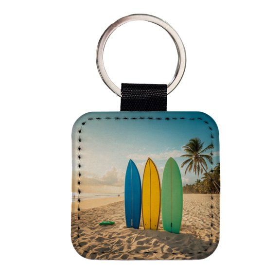 Brightly Colored Surfboards Sand Beach Ocean Faux Leather Square Keychain