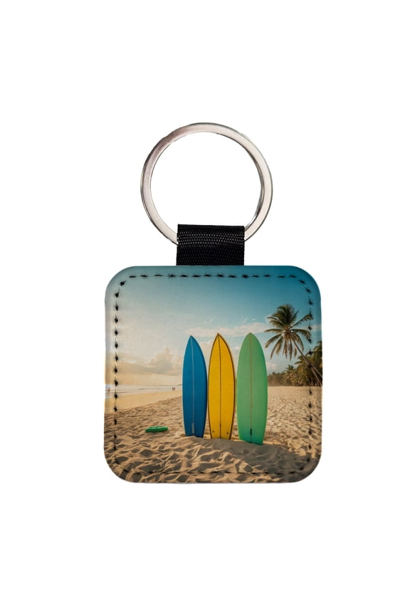 Brightly Colored Surfboards Sand Beach Ocean Faux Leather Square Keychain
