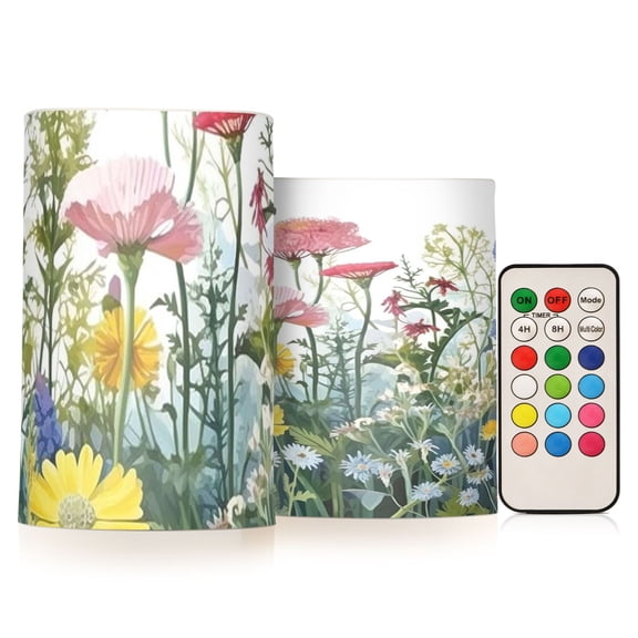 Brightly Coloured Bushes Flickering Flameless Candles Battery Operated with Remote Timer LED Pillar Candles Set of 2