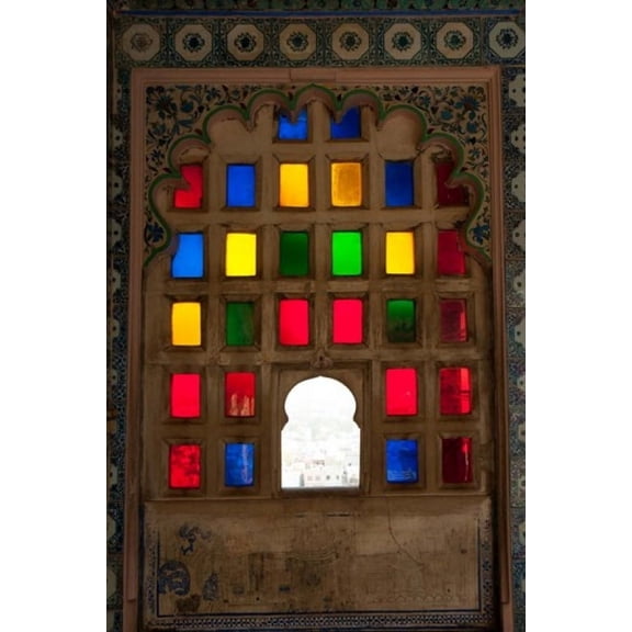Brightly colored glass window City Palace Udaipur Rajasthan India Canvas Art - Inger Hogstrom DanitaDelimont (15 x 22)