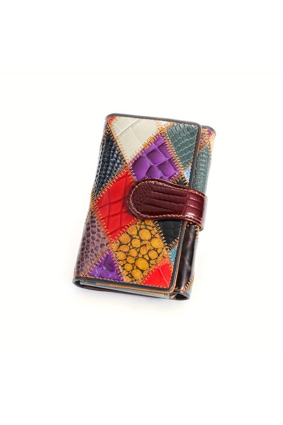Brightly colored patchwork genuine leather women's wallet – handmade, multi-card slots with coin purse, unique vintage style, random color, the perfect gift for a friend.