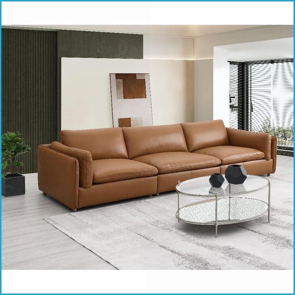 Brighton 3-Piece Modular Top Grain Leather Sectional Sofa - No Assembly, Modern Living Room | Brown | Leather | Loose Back