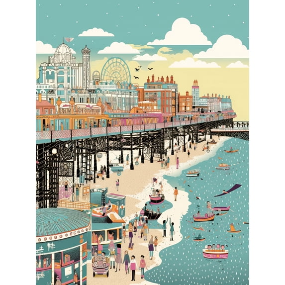 Brighton Beach Pier and Sandy Summer Scene Unframed Wall Art Print Poster Home Decor Premium