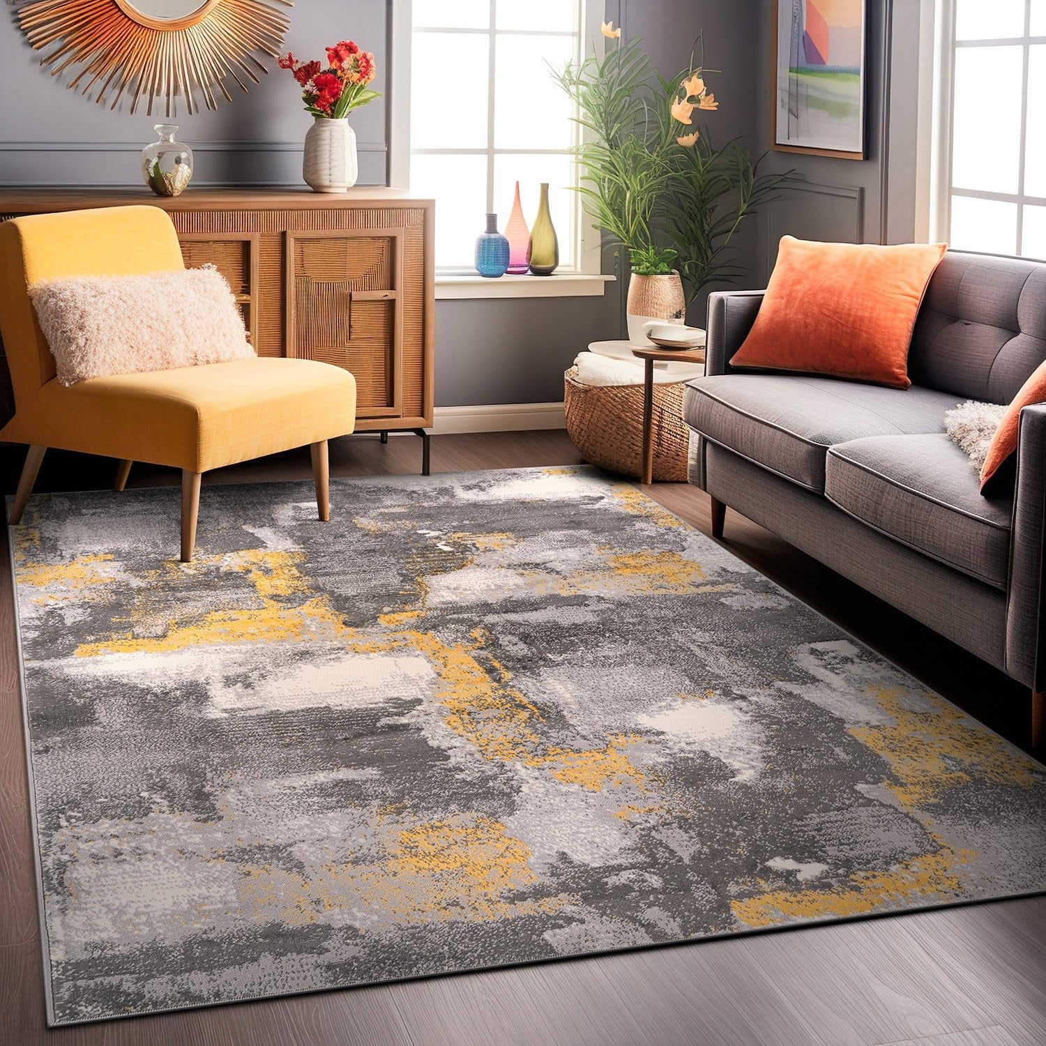 Yellow and Gray Abstract 5' x 7' Synthetic Area Rug
