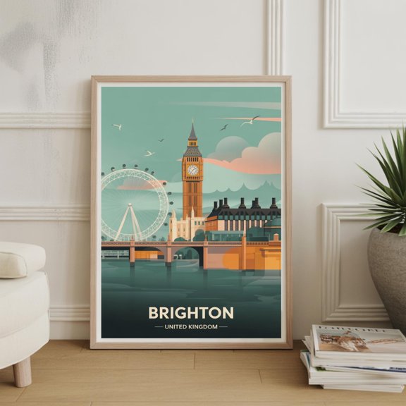 Brighton Travel Poster Vintage Style UK Destination Art Wall Hanging , Poster Print Only