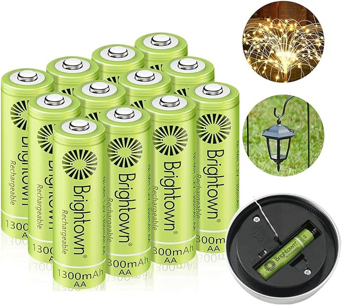 Brightown 12 Pack Rechargeable Battery AA, NiMH Pre Charged Double A Battery for Solar Lights and Household Devices, Recharge up to 1200 Cycles