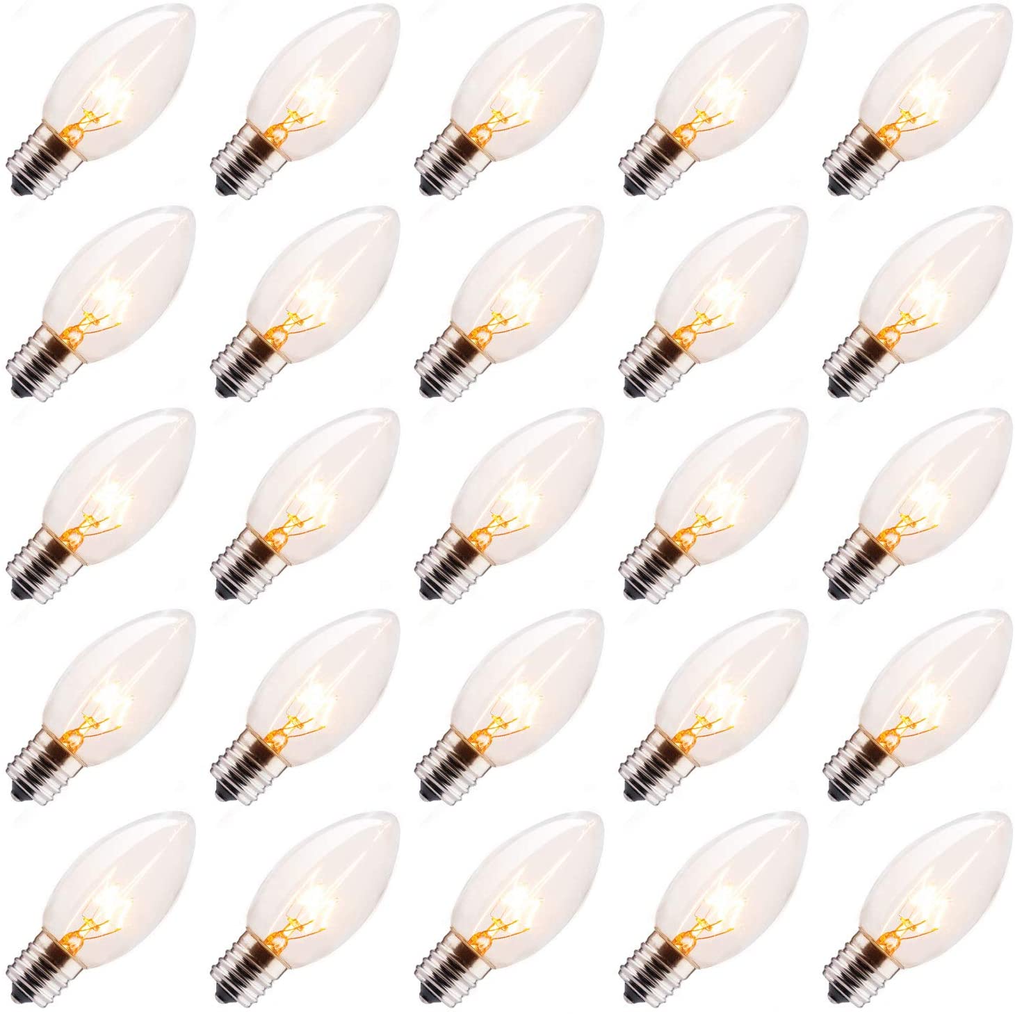 25 Pack C9 Clear Replacement Bulbs for Christmas Lights, E17 C9